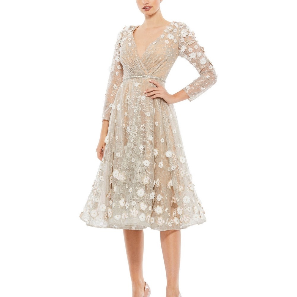 Mac Duggal Beige and White Floral Long Sleeve Dress